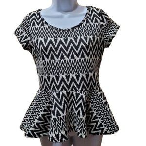 Say Anything Women's Size Medium Flair Waist Top Black and White Geometric Print